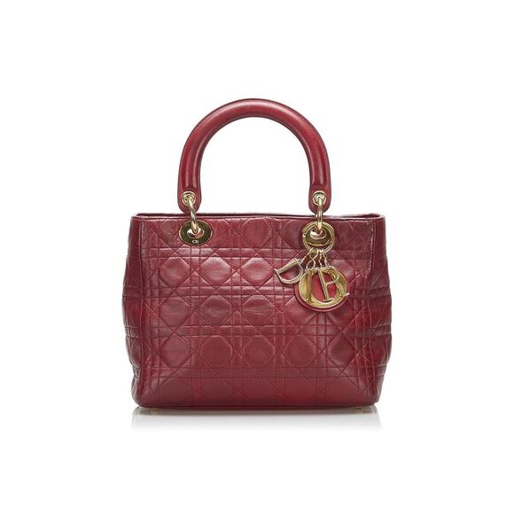Pre Loved Dior Medium Lambskin Cannage Lady Women Red Satchel - Picture 1 of 8